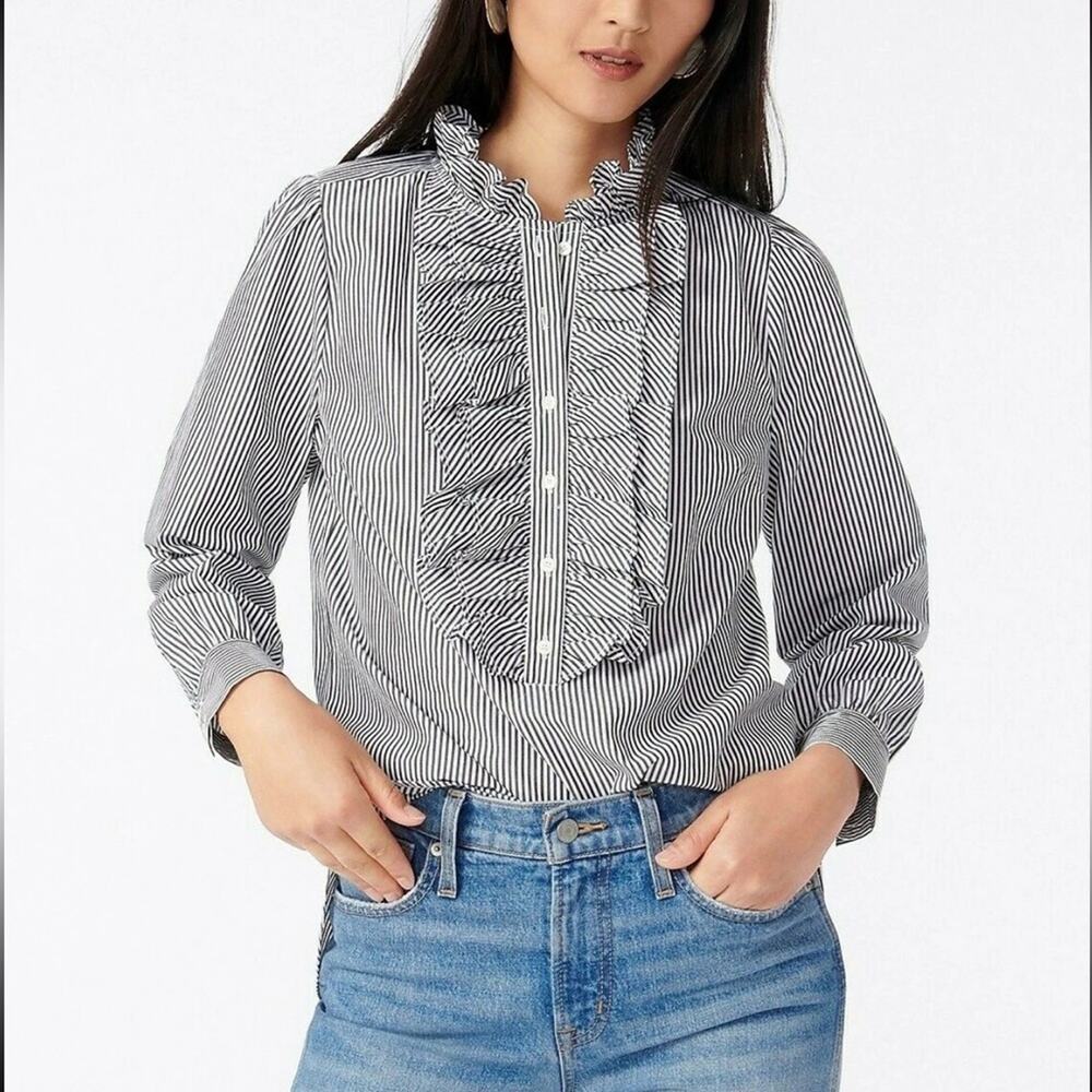 J. Crew Ruffle classic-fit boy shirt in a black white striped cotton poplin XS
